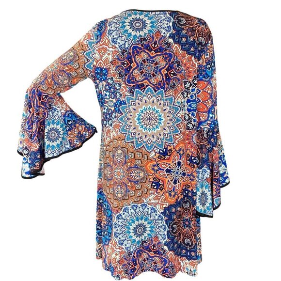 MSK BOHO Slinky Bell Sleeve Shift Dress Colorful Mandala Pattern Sz L #313G - Picture 5 of 8
